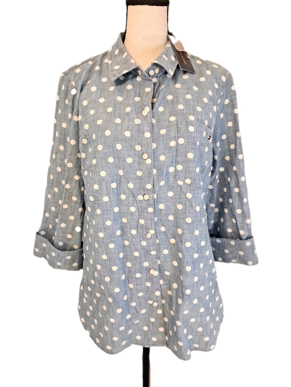 NWT Tommy Hilfiger Chambray Button Down Shirt Roll Tab Sleeves Polka Dots Size M